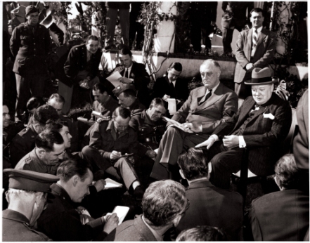 Roosevelt and Churchill at the Casablanca Press Conference, January 24, 1943, the last day of the summit meeting. NPx 48-22:244