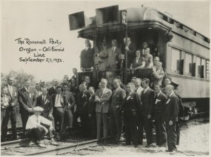 The Roosevelt Campaign Train, September 23, 1932. Joseph Kennedy is in front row, fifth from the right with hand in pocket.