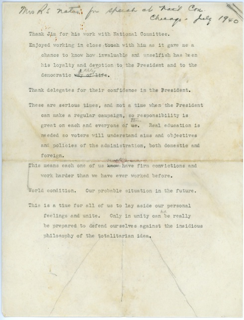 Eleanor Roosevelt's notes for the 1940 convention speech
